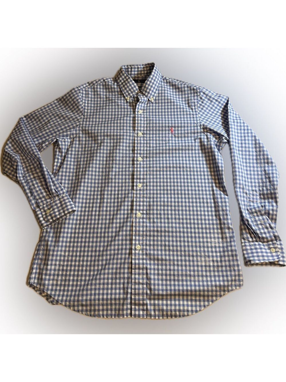 Ralph Lauren Shirt Mens Medium Blue White Gingham Plaid Custom Fit Pink Pony